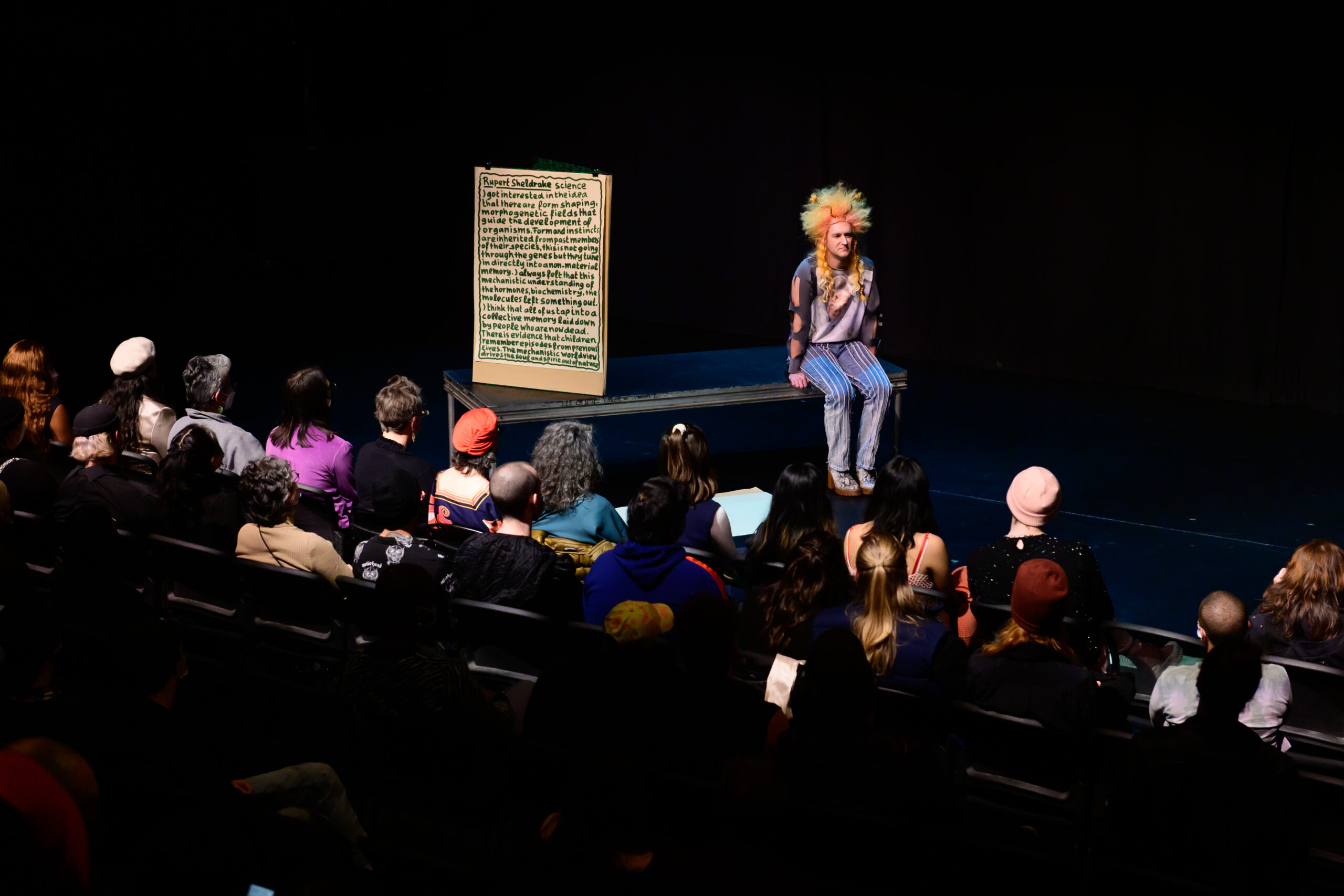 Image of Publik Universal Frxnd sitting on a platform on stage in front of a seated audience. The Frxnd has a large orange wig on, with striped pants, boots and a shirt with ripped long sleeves. A large piece of chart paper with writing in green marker sits on the platform with them.