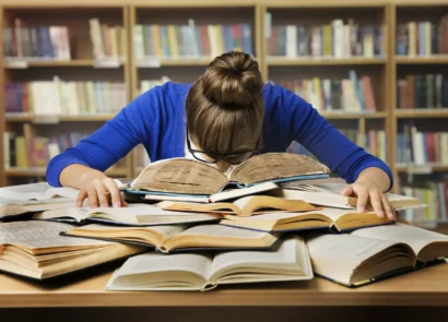 A stock photo of a woman in a library. She is face down on a desk and surrounded by books. She looks exhausted.