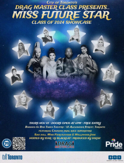  A dreamy blue gradient poster with silver stars speckled in a circle. Inside each of the 10 stars is the face of a different drag artist. In the centre of the circle is a group picture of four established queens looking proud. "Miss Future Star" as well as the event description are pasted in shiny metallic letters across the top and bottom of the image.