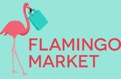 Poster image for Flamingo Market with a graphic design of a flamingo carrying a bag in its beak. Text says Flamingo Market.