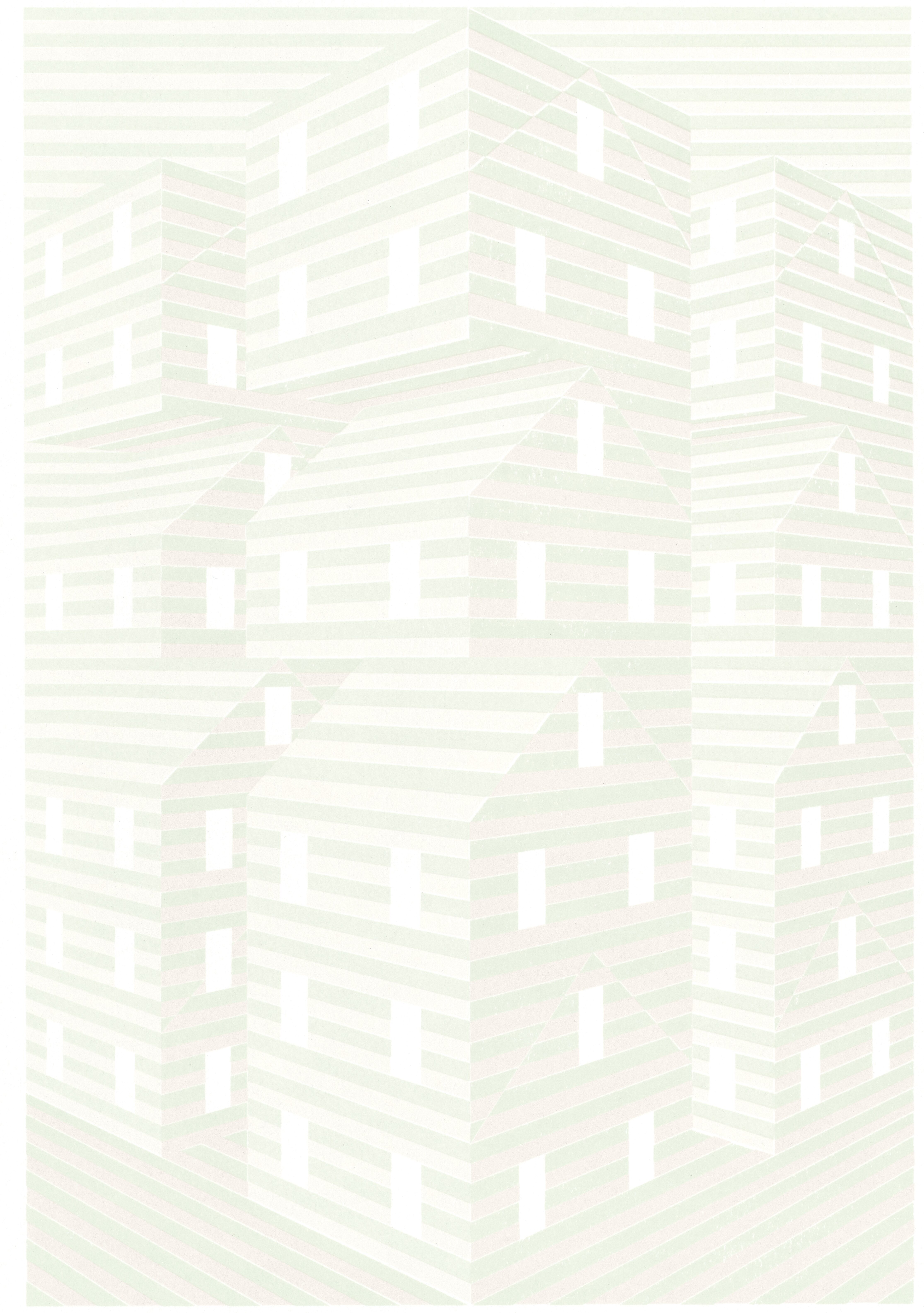 Image of light green, beige, and white screenprint of houses stacked on top of each other.