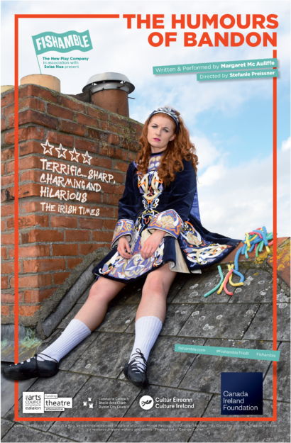 poster for The Humours of Bandon showing a woman with red hair sitting on a rooftop, dressed in an Irish dance costume