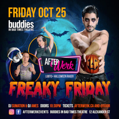 A spooky night time background with three sexy guys pasted overtop. They wear eyeliner, mesh, and hold halloween themed props. The text reads out the event description also listed on this event page.