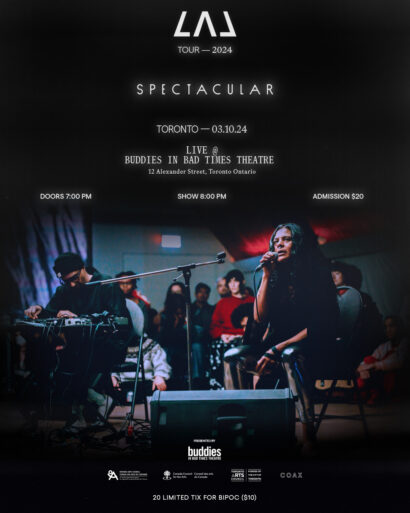 LAL's tour poster features two masc presenting musicians in dark clothing. One sits on a stool and sings into a mic. The other is emotionally playing the keyboard. Several audience members can be seen behind them, enjoying the music. The show information from the webpage is repeated in text overlaying the image.