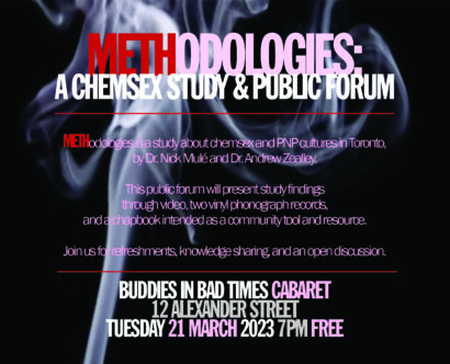 Promotional image for Methodology: A Chemsex Study and Public Forum. Image backdrop is a trail of smoke dissipating into the air. Text reads: “METHodologies is a study about chemsex and PNP cultures in Toronto by Dr. Nick Mulé and Dr. Andrew Zealley. This public forum will present study findings through video, two vinyl phonograph records, and chapbook intended as a community resource and tool. Join us for refreshments, knowledge sharing, and an open discussion. Buddies in Bad Times Cabaret, 12 Alexander Street, Tuesday 21 March 2023, 7pm, Free.”