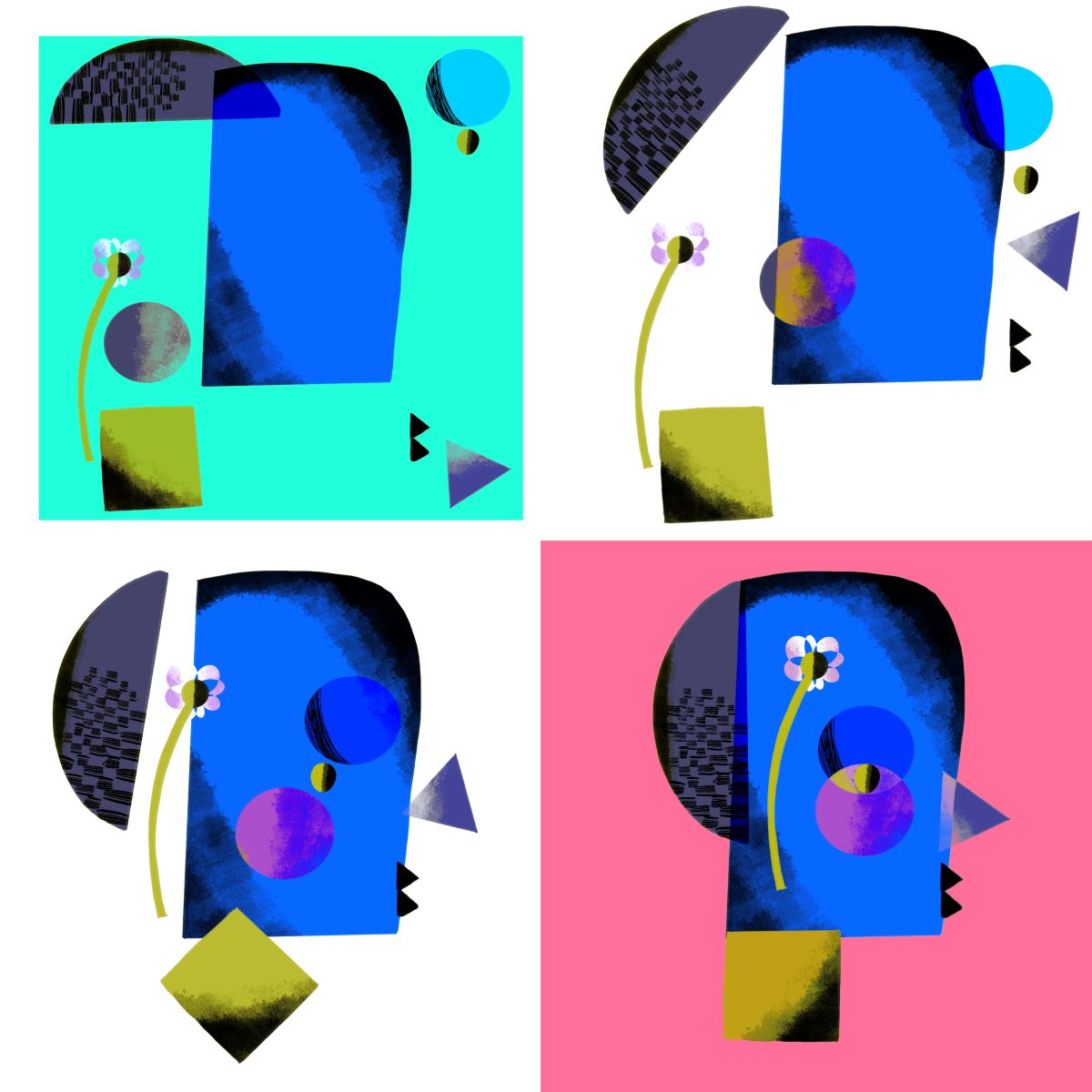 A print in four panels by Mitch Duncan. The backgrounds are teal, white, and pink. The four panels show disparate elements that come together more and more. In the final, lower right panl, we see a blue head with a yellow neck, with a small flower overlaid.
