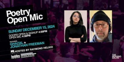 A dimly lit seated audience with a purple hue is the backdrop for some very bold writing overlay and two headshots. One of the photos is of a femme white person wearing thin metal rimmed glasses, a black turtleneck sweater and a medium length brown bob haircut. The other is of a masculine white person with a grey beard, black rimmed glasses, a black beanie and a pair of black and red headphones. In white and blue block text, the description of the event matches the description also written on this webpage. 