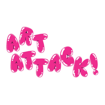 A simple graphic of an all white background and catroon pink balloon-shaped text. The text reads: "ART ATTACK!"