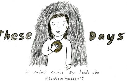 A drawing of person with long black hair, holding a circular object against their chest with their right hand.
