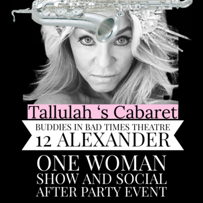 A black and white photo of Carrie Chestnutt- a blonde woman wearing black eyeliner. A photo of a saxophone floats over her head and the name of the event is written across the page.