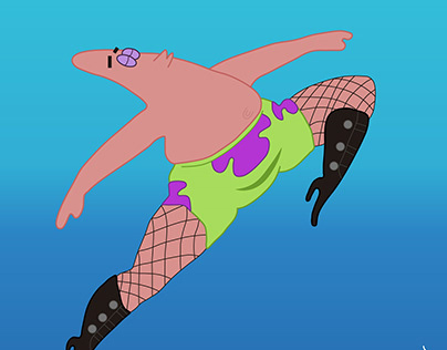 A blue gradient with Patrick the Starfish from Spongebob Squarepants frolicking. He is a pink cartoon starfish wearing green and purple swim trunks, cunty thigh high black boots, and purple eyeshadow.