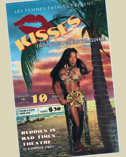 A vintage postcard-inspired graphic shows Ravyn Wngz posing underneath a palm tree on a beach at sunset.